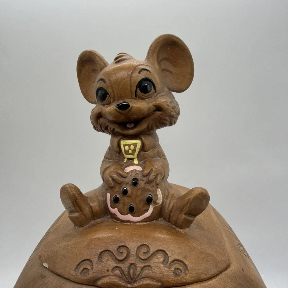 Vintage 1960 Brown Twin Winton Cookie Time Mouse Clock Ceramic Cookie Jar 14